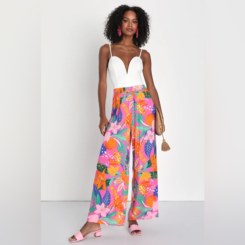 Spontaneous Sweetie Pink Multi Tropical Print Wide-Leg Pants